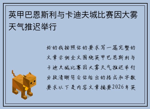 英甲巴恩斯利与卡迪夫城比赛因大雾天气推迟举行 英甲巴恩斯利与卡迪夫城比赛因大雾天气推迟举行