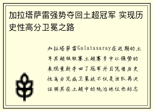 加拉塔萨雷强势夺回土超冠军 实现历史性高分卫冕之路 加拉塔萨雷强势夺回土超冠军 实现历史性高分卫冕之路
